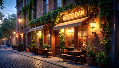 Charming Evening Restaurant Scene: Cobblestone Street, Warm Lighting, Ivy, "Resto Dan" Sign.