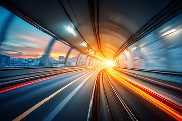 Dynamic view of a tunnel with bright light at the end during a sunset, capturing the feeling of speed and motion