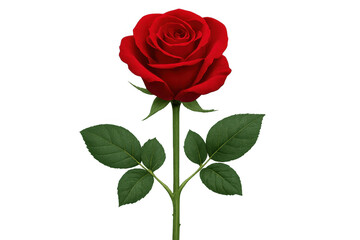 Naklejka premium Red rose blooming, green foliage surrounding delicate petals, transparent backdrop highlighting romantic floral elegance for special occasions
