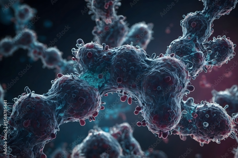 Poster a microscopic view of interconnected cells with spiky protrusions and textured surfaces in dark blue
