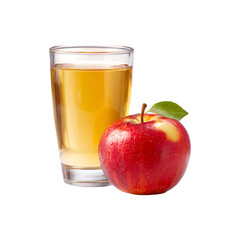 A refreshing glass of golden apple juice sits beside a ripe red apple with water droplets isolated on transparent background