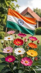 Indian flag with vibrant blooming flowers India flag