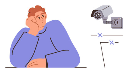 Person resting head on hand while appearing deep in thought alongside security camera imagery. Ideal for technology, surveillance, privacy, monitoring, social awareness, ethics, workplace themes