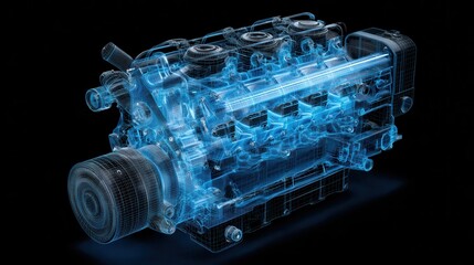 Detailed 3d wireframe model of an internal combustion engine.