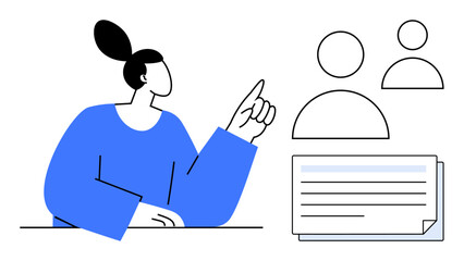 Woman gesturing thoughtfully towards profile icons and a document, emphasizing communication and teamwork. Ideal for collaboration, brainstorming, teamwork, education, innovation, planning