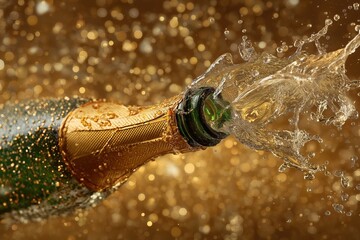 Champagne bottle exploding with golden bokeh background for new year's eve