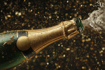 Golden champagne bottle uncorking with gold confetti for new year's eve