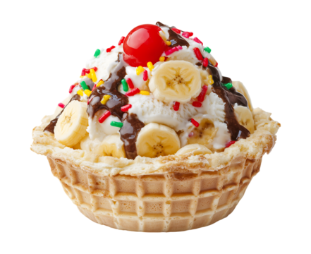 A banana split ice cream in a waffle cup with various toppings of colorful banana sprinkles and melted chocolate isolated on a transparent background