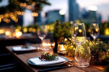 Elegant christmas table setting with city lights in background
