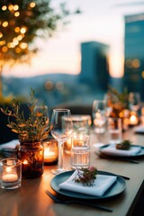 Romantic new year's eve dinner table setting with candles and city view