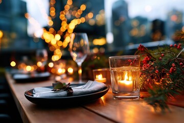 Christmas dinner table setting with candles and city lights in background