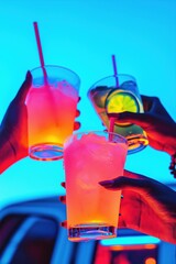 Friends toasting with colorful cocktails on new year's eve