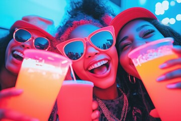 Friends toasting cocktails celebrating new year's eve at music festival