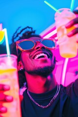 Young man celebrating new year's eve with cocktails and neon lights