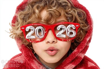 Child wearing 2026 new year's eve glasses blowing a kiss