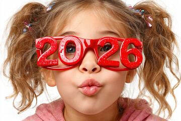 Little girl wearing 2026 new year glasses blowing a kiss