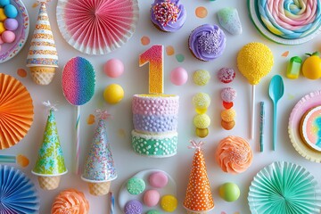 Colorful cake and sweets celebrating first birthday party