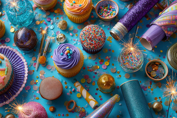 Colorful cupcakes and lit sparklers decorating a vibrant new year's eve party table