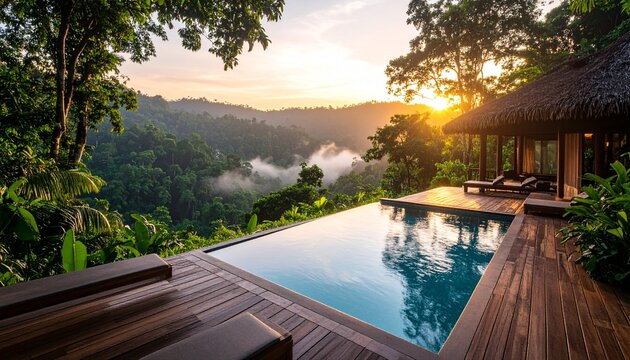 Luxury Modern Villa with Infinity Pool Overlooking the Caucasus Mountains at Sunset.