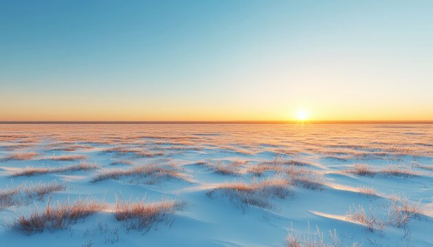 A snowy plain with sparse vegetation under a clear blue sky at sunrise or sunset.