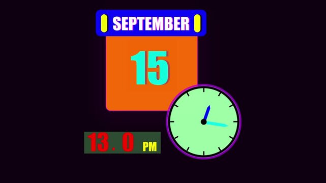 Calendar displaying September 15th day with a clock and 24 hours counting the current time on a dark background.