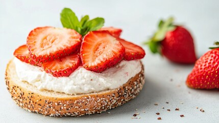 Delicious strawberry cream cheese bagel, perfect for breakfast or brunch.  Fresh, healthy, and visually appealing.