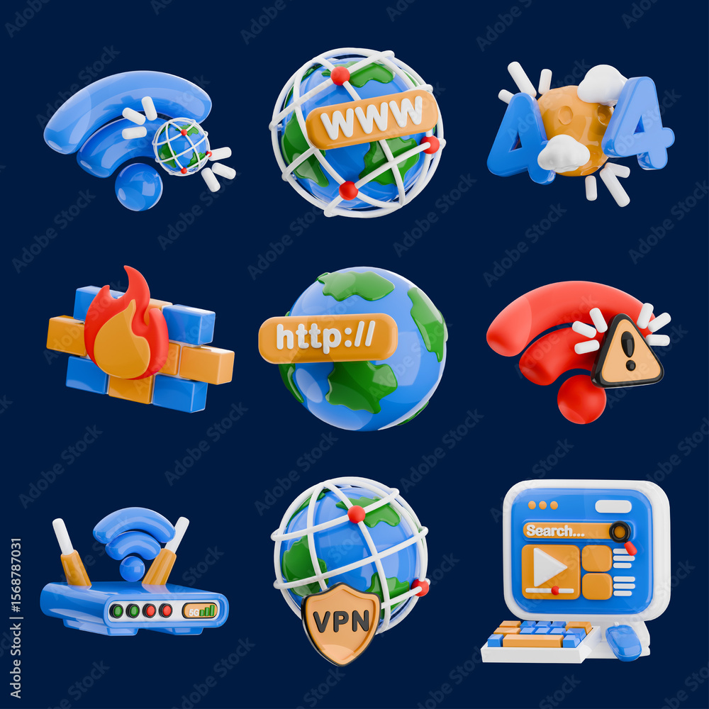 Poster 3d icons representing various internet and network concepts, including wi-fi, world wide web, and vp