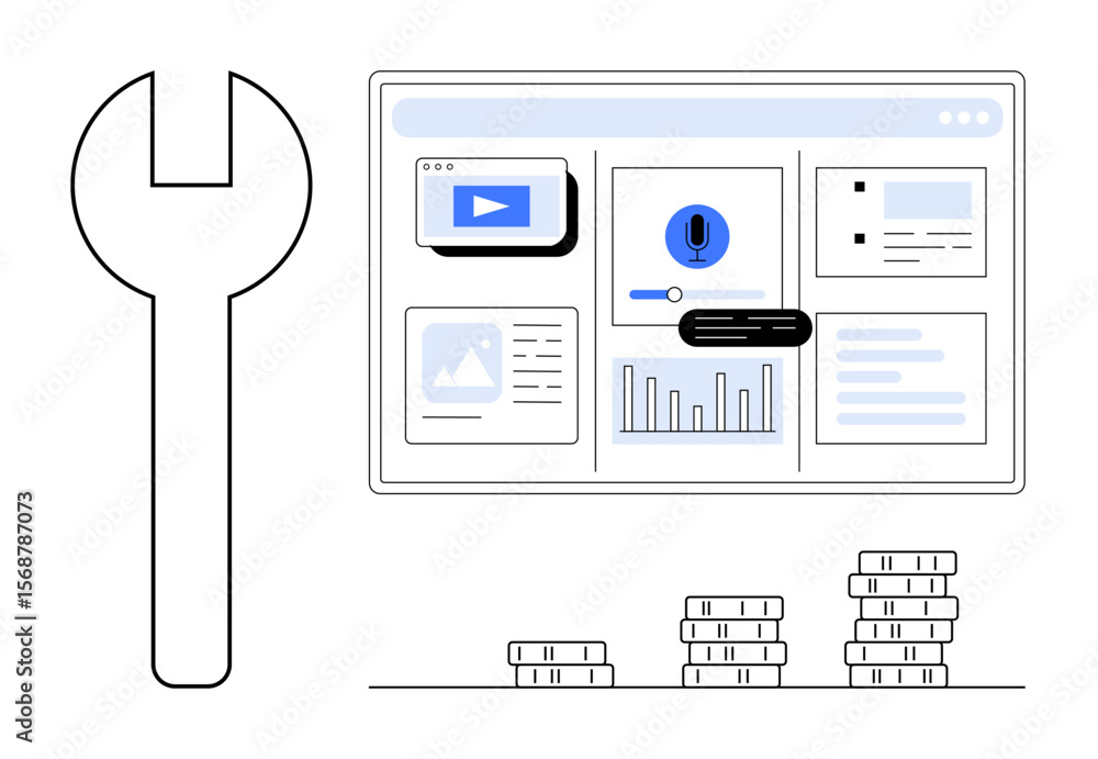 Poster large wrench next to a digital dashboard displaying charts, graphs, and media icons with stacked coi