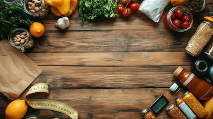 Healthy food and measuring tape on brown wooden table, top view.