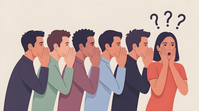 people whispering in a chain with the last person looking shocked, minimalist pastel style