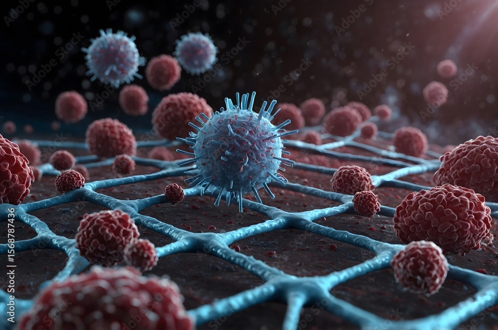 Poster microscopic view of cells and virus particles on a blue grid like structure in a dark environment
