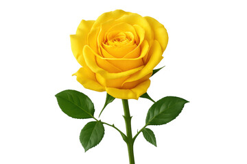 Beautiful single yellow rose with green leaves blooming on a transparent background, perfect for designs related to love, romance, and special occasions