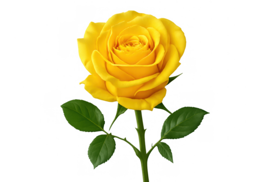 Beautiful single yellow rose with green leaves blooming on a transparent background, perfect for designs related to love, romance, and special occasions - Powered by Adobe