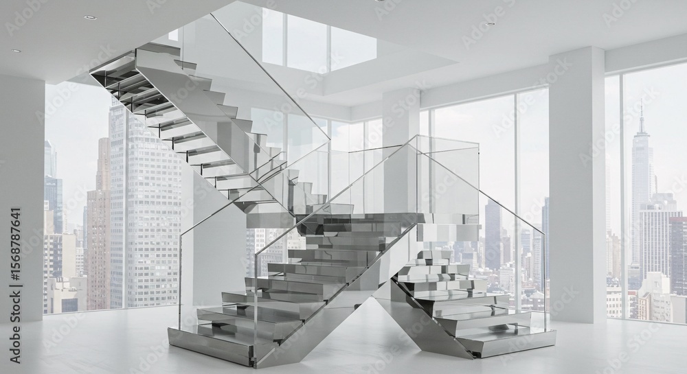 Poster interior of a modern building with unique staircase and cityscape view through windows