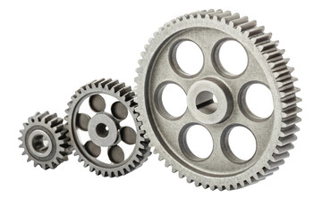 Three metal gears of varying sizes interlocking on a transparent background isolated on transparent background