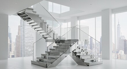 Fototapeta premium Interior of a modern building with unique staircase and cityscape view through windows