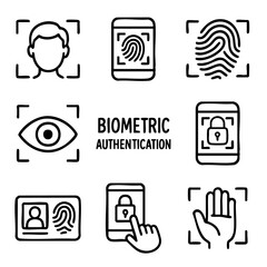 A set of doodle line icons illustrating biometric authentication methods including fingerprint, facial scan, retina, handprint, and secure access