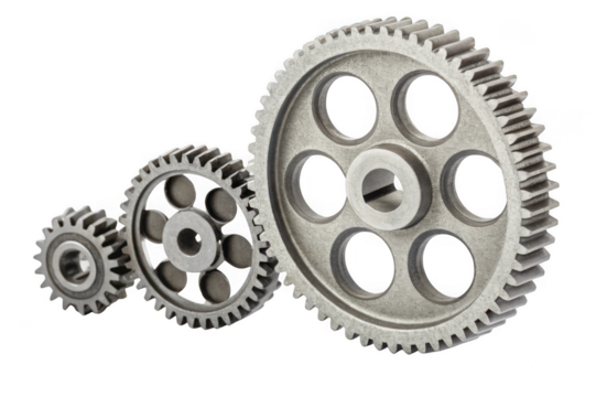 Three metal gears of varying sizes interlocking on a transparent background isolated on transparent background - Powered by Adobe