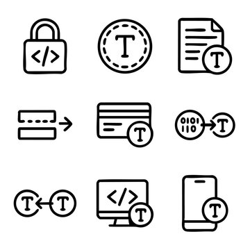 A set of doodle line icons showing tokenization concepts like data encryption, secure transactions, digital tokens, and protected information systems
