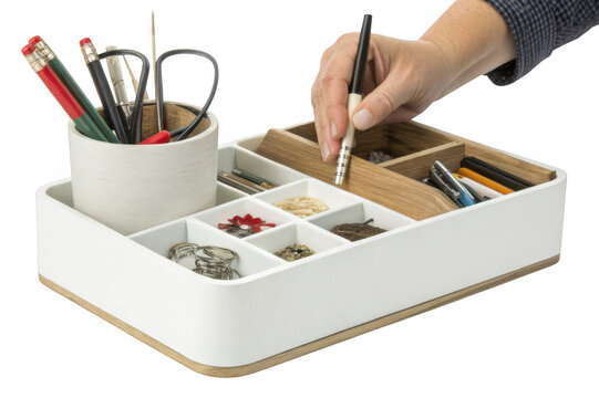 Desk organizer with assorted office supplies and a hand holding a pen isolated on transparent background