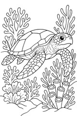 Fototapeta premium Coloring Book, Simple Sea Turtle Coloring Page Perfect for Relaxation and Creativity for Kids and Adults, Featuring Beautiful Coral and Underwater Elements