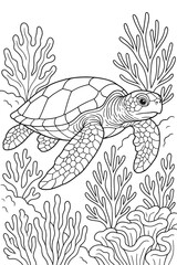 Obraz premium Coloring Book, Simple Sea Turtle Coloring Page for Creative Enjoyment and Relaxation Featuring Underwater Coral Designs and a Charming Ocean Scene