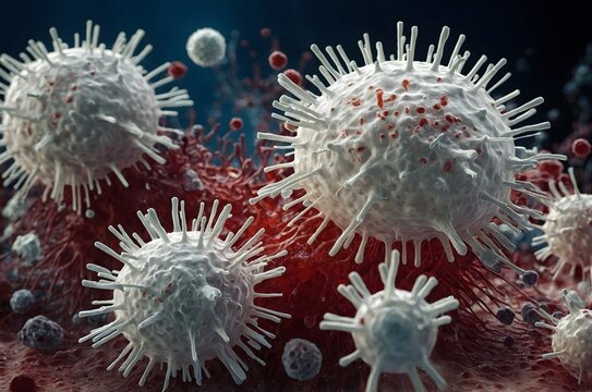 Microscopic view of viruses with spike proteins and red blood cells in a dark environment - Powered by Adobe