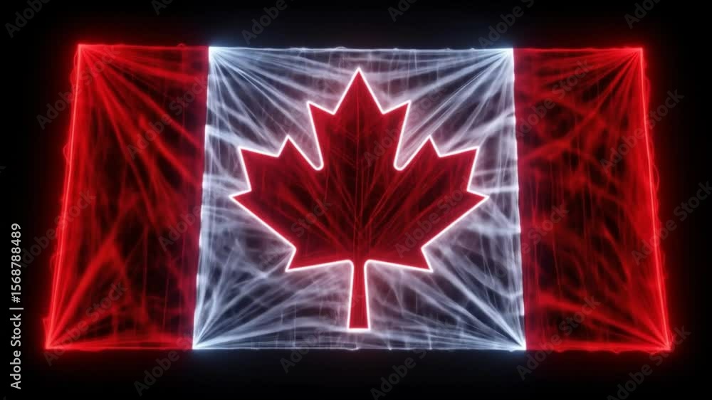 Poster dynamic canadian flag animation with neon glow effect on a black background