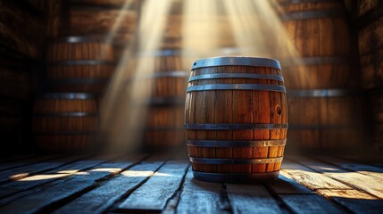 Wooden Barrel in a Rustic Cellar with Sunlight Streaming Through, Ideal for Winemaking or Whiskey Aging Projects