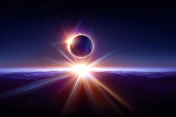 Spectacular solar eclipse over mountain horizon during twilight with radiant sunburst effect