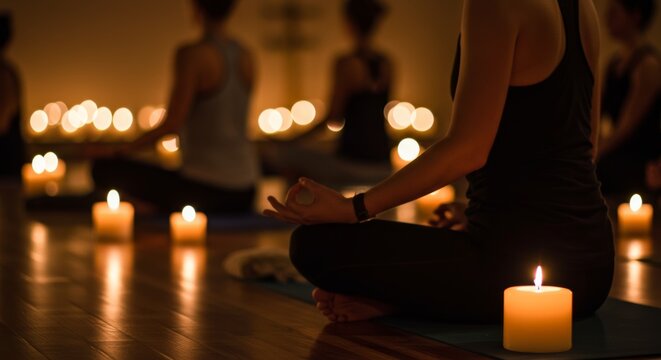 Yoga Class Practicing Mindfulness by Candlelight