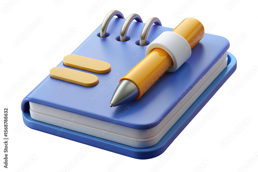 Poster 3d rendered blue notebook with yellow pen and notes isolated on transparent background