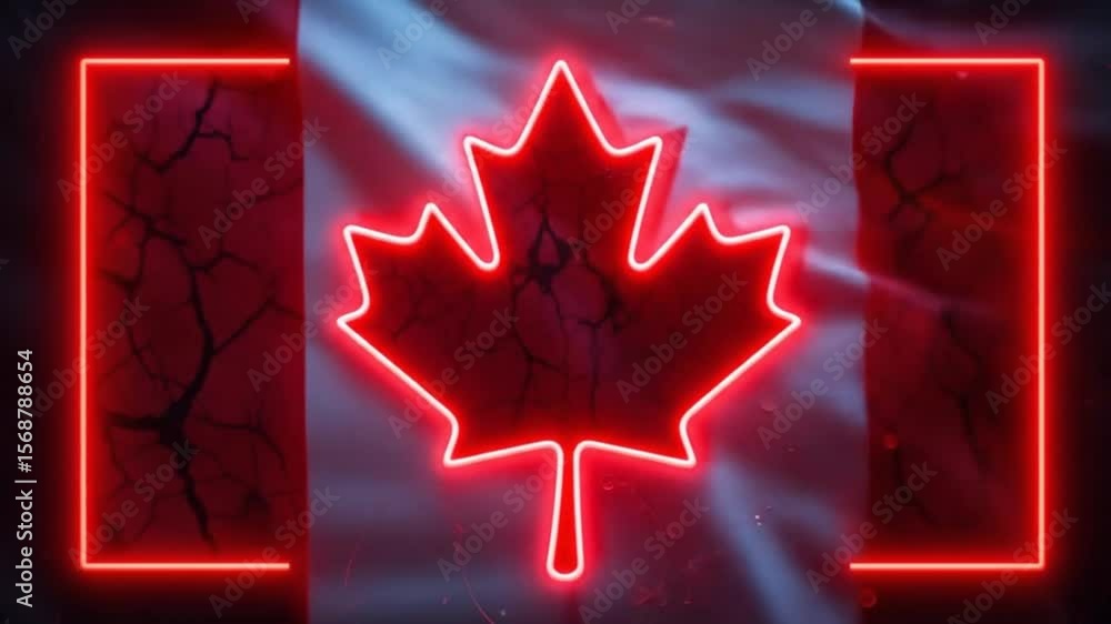 Poster dynamic canadian flag animation with red neon maple leaf and frame design