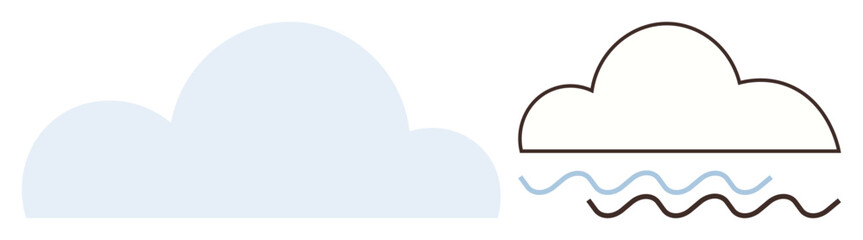 Two clouds with distinct styles solid fill and outline above wavy lines symbolizing water. Ideal for weather, environment, simplicity, minimalism, balance, nature concepts, atmospheric science
